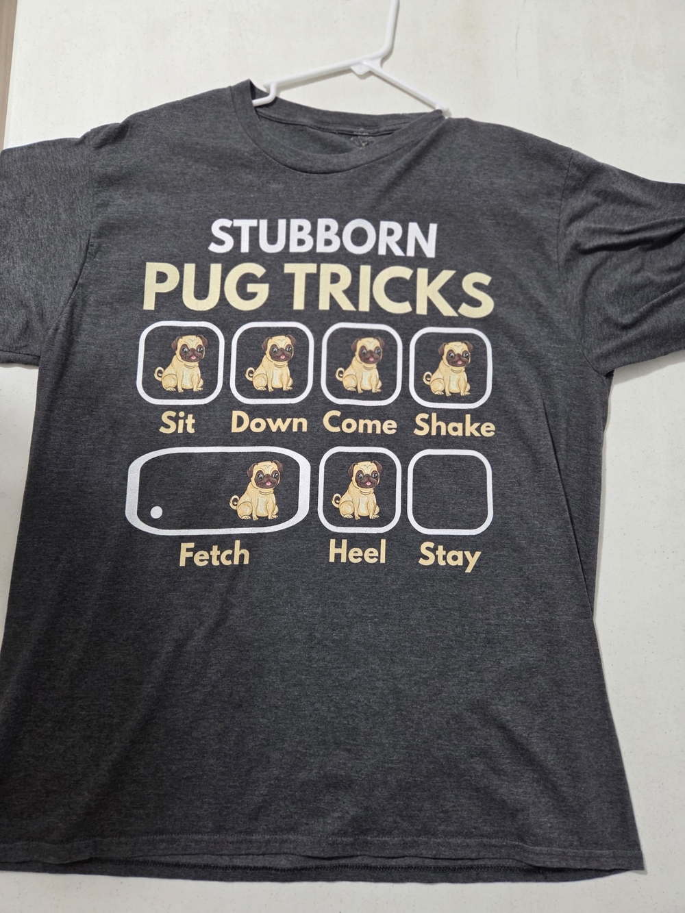 Stubborn Pug Tricks Graphic Tee - Charcoal, Mens XL